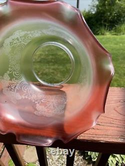 Victorian Cranberry Frosted Floral Etched Glass Kerosene Oil Lamp Tulip Shade @B