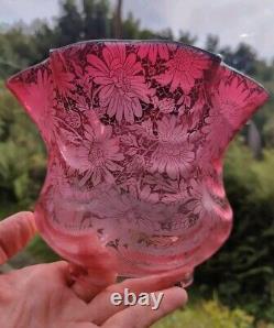 Victorian Cranberry Glass Acid Etched Oil Lamp Shade Floral 4 Fitter Swags