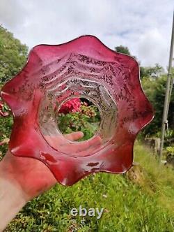 Victorian Cranberry Glass Acid Etched Oil Lamp Shade Floral 4 Fitter Swags