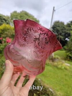 Victorian Cranberry Glass Acid Etched Oil Lamp Shade Floral 4 Fitter Swags