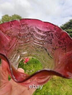 Victorian Cranberry Glass Acid Etched Oil Lamp Shade Floral 4 Fitter Swags