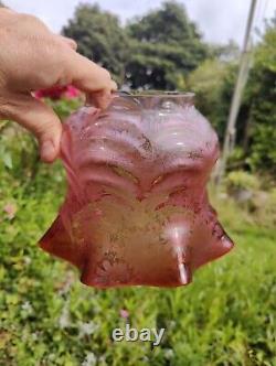 Victorian Cranberry Glass Acid Etched Oil Lamp Shade Floral 4 Fitter Swags