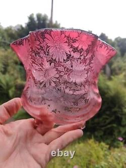 Victorian Cranberry Glass Acid Etched Oil Lamp Shade Floral 4 Fitter Swags