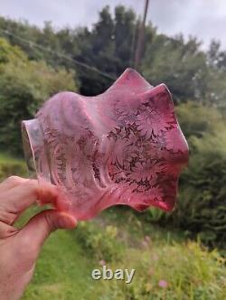 Victorian Cranberry Glass Acid Etched Oil Lamp Shade Floral 4 Fitter Swags