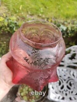 Victorian Cranberry Glass Acid Etched Oil Lamp Shade Floral 4 Fitter Swags