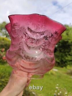 Victorian Cranberry Glass Acid Etched Oil Lamp Shade Floral 4 Fitter Swags