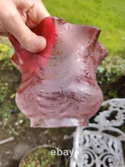 Victorian Cranberry Glass Acid Etched Oil Lamp Shade Floral 4 Fitter Swags