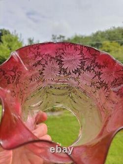 Victorian Cranberry Glass Acid Etched Oil Lamp Shade Floral 4 Fitter Swags