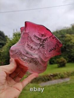 Victorian Cranberry Glass Acid Etched Oil Lamp Shade Floral 4 Fitter Swags