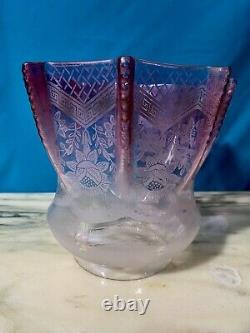 Victorian? Cranberry Glass Acid Etched Oil lamp shade 4 fitter perfect