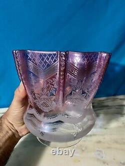 Victorian? Cranberry Glass Acid Etched Oil lamp shade 4 fitter perfect