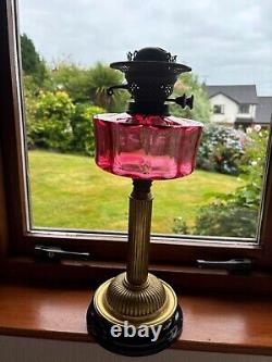 Victorian Cranberry Glass & Brass Paraffin / Oil Lamp