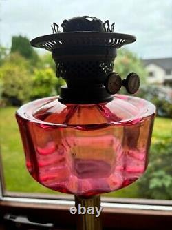 Victorian Cranberry Glass & Brass Paraffin / Oil Lamp