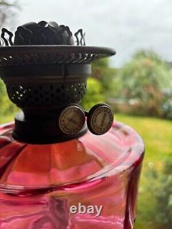 Victorian Cranberry Glass & Brass Paraffin / Oil Lamp