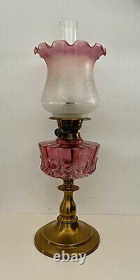Victorian Cranberry Glass Oil Lamp Complete With Shade Burner And Chimney