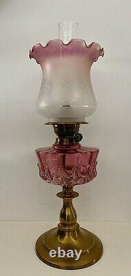 Victorian Cranberry Glass Oil Lamp Complete With Shade Burner And Chimney