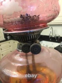 Victorian Cranberry Glass Oil Lamp Silver Plate Corinthian Column Stepped Base