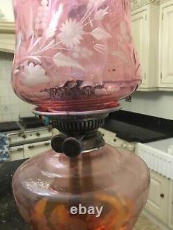 Victorian Cranberry Glass Oil Lamp Silver Plate Corinthian Column Stepped Base
