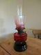 Victorian Cranberry Glass Oil Lamp With Etched shamrock Shade