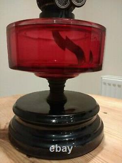 Victorian Cranberry Glass Oil Lamp With Etched shamrock Shade