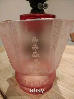 Victorian Cranberry Glass Oil Lamp With Etched shamrock Shade