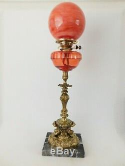 Victorian Cranberry Oil Lamp- Marble Base Gilded Ornate Column Free Uk Post