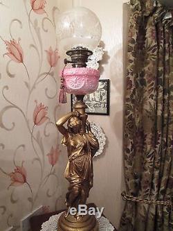 Victorian Cranberry Oil Lamp depicting Greek Figurine
