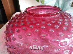 Victorian Cranberry Opalescent Hobnail Large 14 Inch hanging Oil Lamp Shade