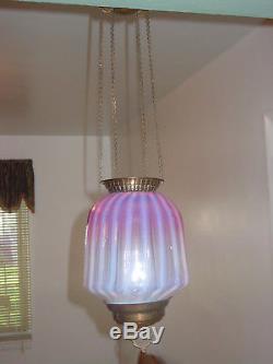 Victorian Cranberry Opalescent hanging Oil Lamp, with Font, beautiful color, old
