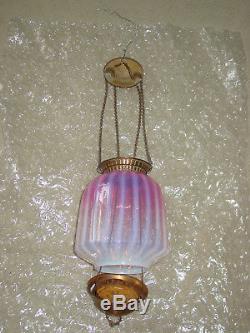 Victorian Cranberry Opalescent hanging Oil Lamp, with Font, beautiful color, old