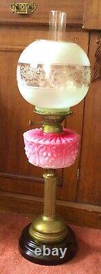 Victorian Cranberry Opaline Glass & Brass Column Art Nouveau Oil Lamp