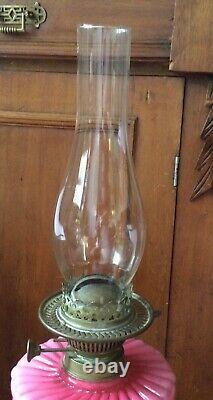 Victorian Cranberry Opaline Glass & Brass Column Art Nouveau Oil Lamp