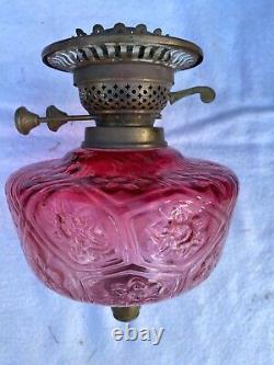 Victorian Cranberry Patterned Glass Oil Lamp Font And Fittings