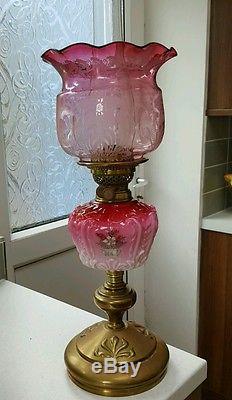 Victorian Cranberry Pink Molded Painted Glass Oil Lamp Font Shade base burner A1