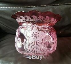 Victorian Cranberry Pink Molded Painted Glass Oil Lamp Font Shade base burner A1