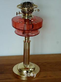 Victorian Cranberry glass & brass oil lamp with chimney Circa 1890-1900