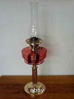 Victorian Cranberry glass & brass oil lamp with chimney Circa 1890-1900