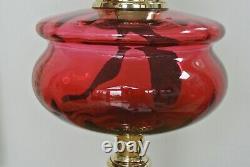 Victorian Cranberry glass & brass oil lamp with chimney & Shade Circa 1900