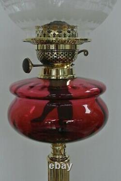 Victorian Cranberry glass & brass oil lamp with chimney & Shade Circa 1900