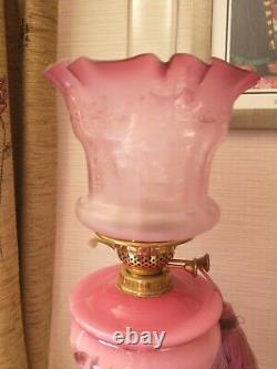 Victorian Cranberry oil Lamp etched shade outstanding