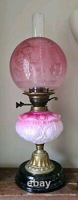 Victorian Duplex Oil Lamp Cranberry Etched Shade Brass And Gloss Black Base