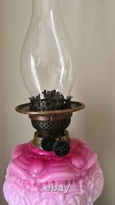 Victorian Duplex Oil Lamp Cranberry Etched Shade Brass And Gloss Black Base