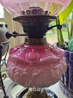 Victorian Duplex Oil Lamp Cranberry Etched Shade Brass And Gloss Black Base