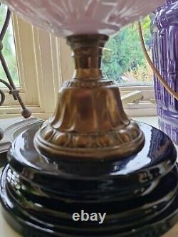 Victorian Duplex Oil Lamp Cranberry Etched Shade Brass And Gloss Black Base