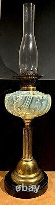 Victorian Duplex Oil Lamp Uranium Glass Font Antique Vaseline Glass Paraffin