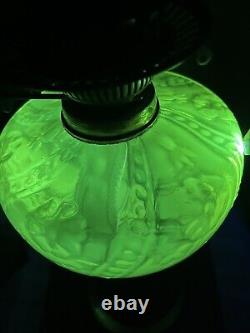 Victorian Duplex Oil Lamp Uranium Glass Font Antique Vaseline Glass Paraffin
