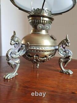 Victorian/Edwardian Twin Burner Brass Oil Lamp with Griffin Legs Milk Glass Shade