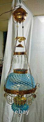 Victorian Electrified Re-Brassed Hanging Oil Lamp with Blue Hobnail Glass Shade