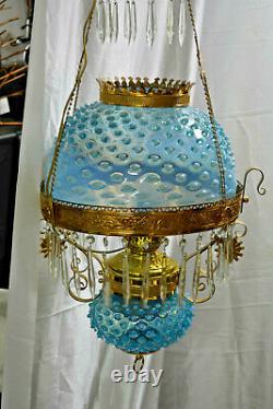 Victorian Electrified Re-Brassed Hanging Oil Lamp with Blue Hobnail Glass Shade