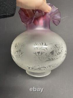 Victorian Etched Cranberry Frosted Glass Oil Lamp Shade, Ruffled